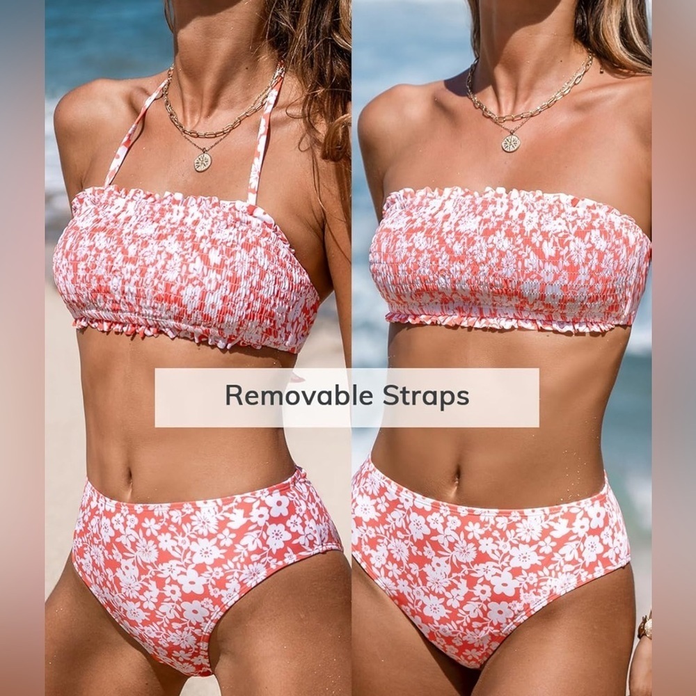 Medium Cupshe Orange Floral Bikini Set Bandeau or Strapless - Picture 2 of 5